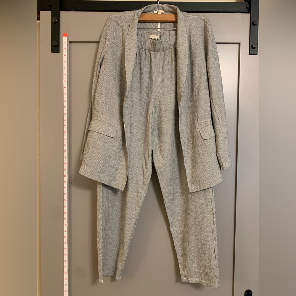 Eileen Fisher Organic Cotton Linen Striped Open Front Blazer and Pant Set Size M
